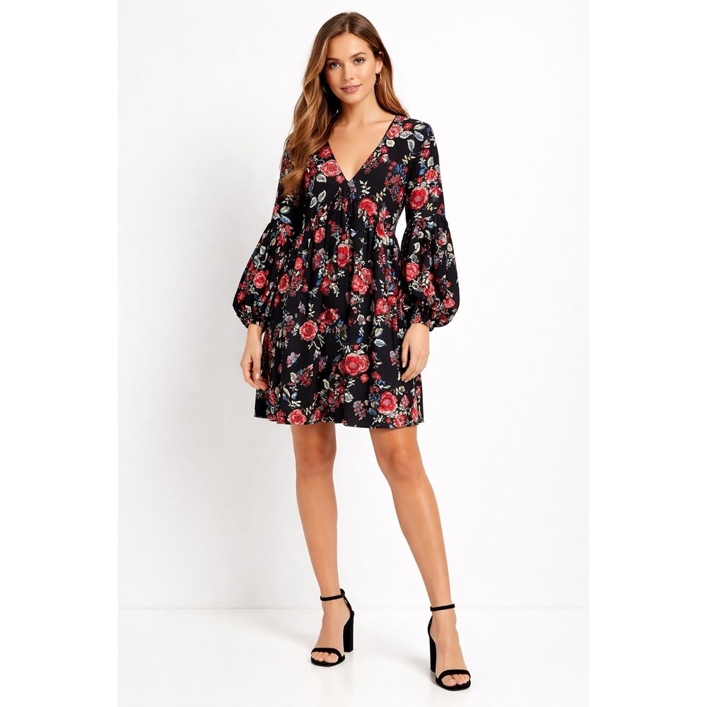 New York & Company Black Red Floral Babydoll Boho Dress w/Balloon Sleeves Medium